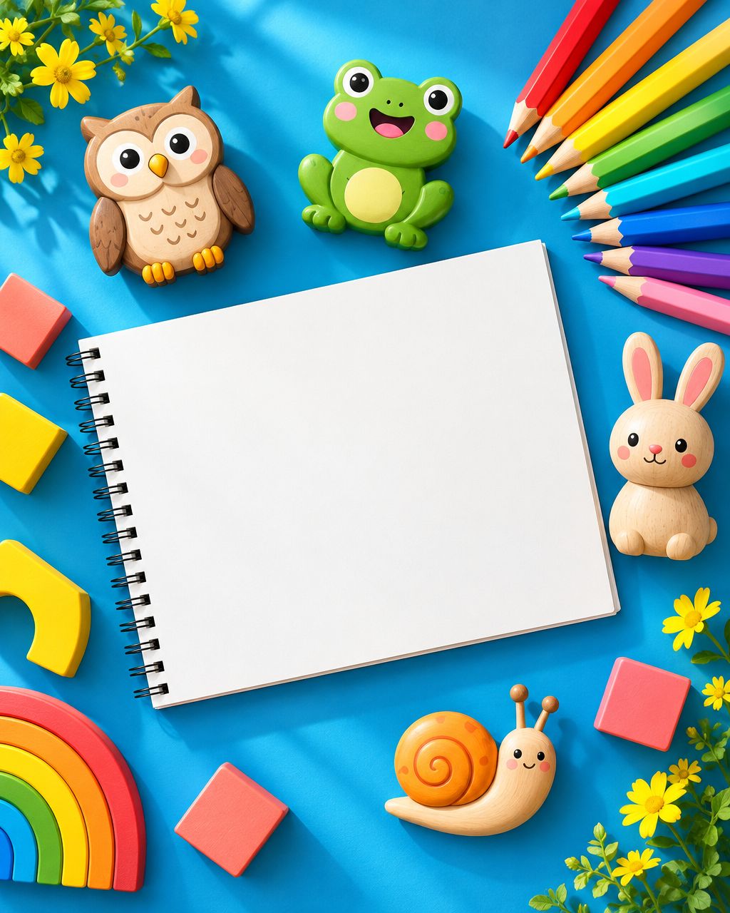 Bright blue tabletop with rainbow pencils, a blank sketchbook and cheerful wooden animal toys