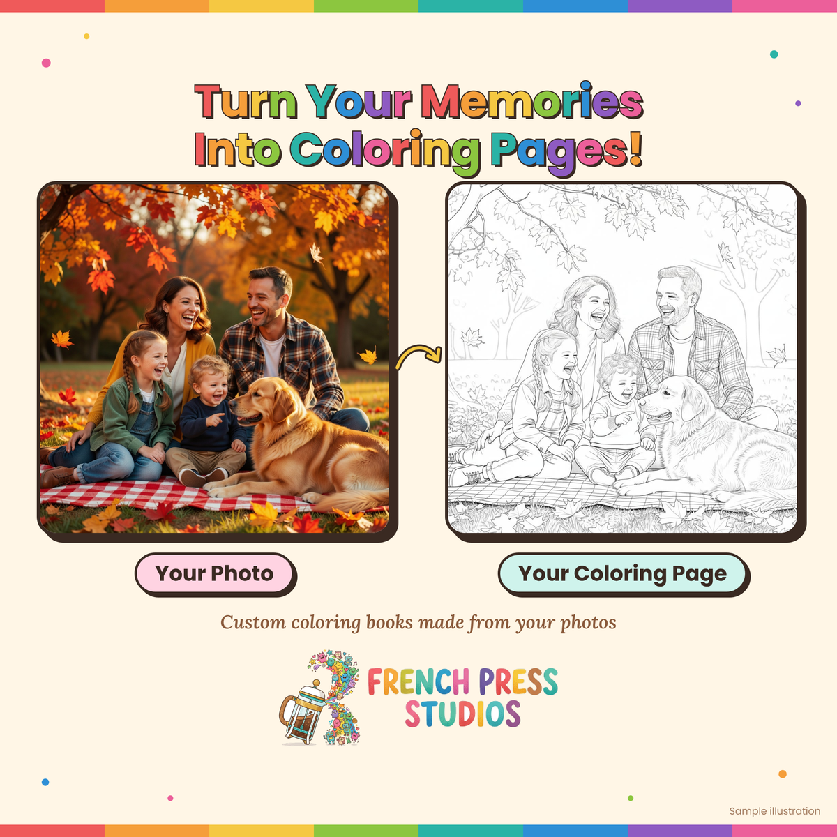 Example of a custom coloring book page made from a family photo: a fall picnic photo shown next to its black-and-white coloring page version
