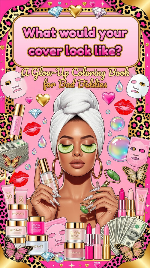 Example custom full-color coloring book cover by French Press Studios: a glam woman in a towel wrap with cucumber eye patches, surrounded by skincare, lipstick and pink leopard print, titled What would your cover look like?